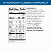 Nutrition facts per serving and ingredient statement for Optimum Power Blueberry Cinnamon Flax Cereal