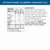 Nutrition facts per serving and ingredient statement for Optimum Power Blueberry Cinnamon Flax Cereal