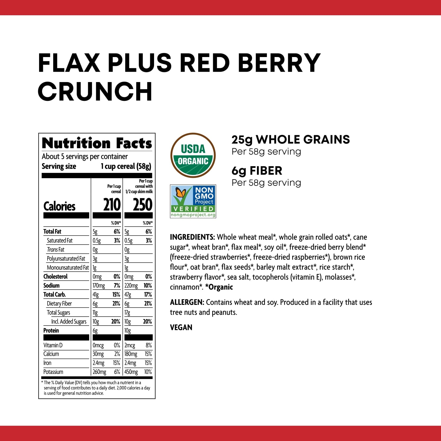 Nutrition facts per serving and ingredient statement for Flax Plus Red Berry Crunch Cereal