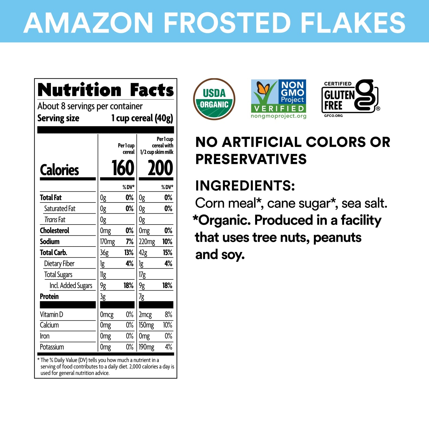 Nutrition facts per serving and ingredient statement for Amazon Frosted Flakes Cereal