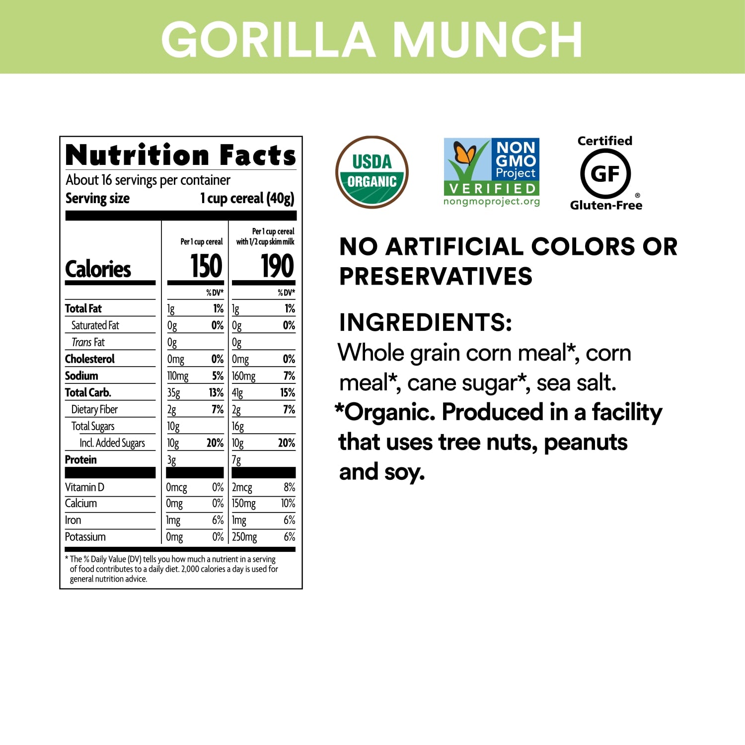 Nutrition facts per serving and ingredient statement for Corn Puffs Gorilla Munch Cereal