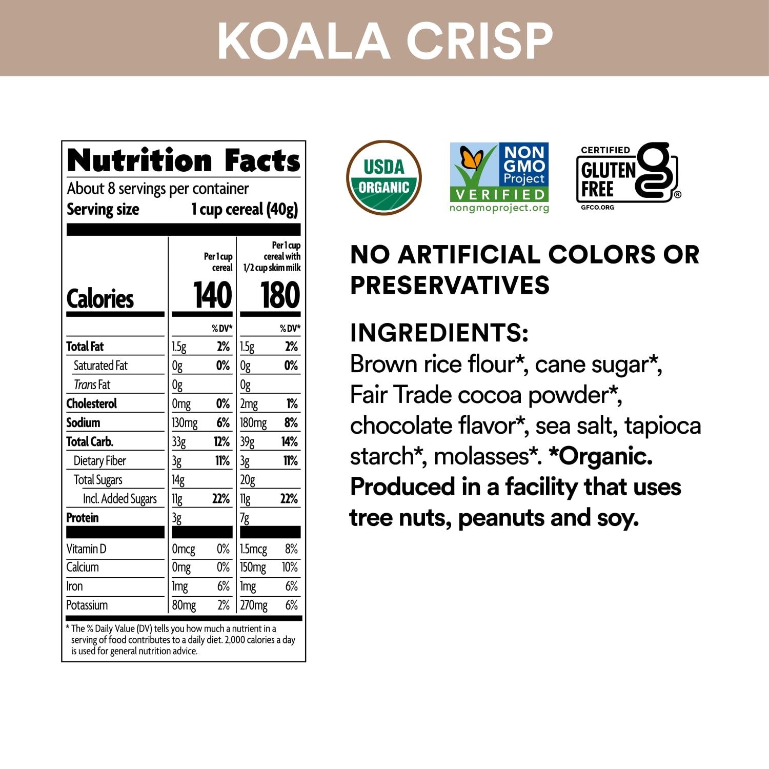 Nutrition facts per serving and ingredient statement for Chocolate Koala Crisp Cereal