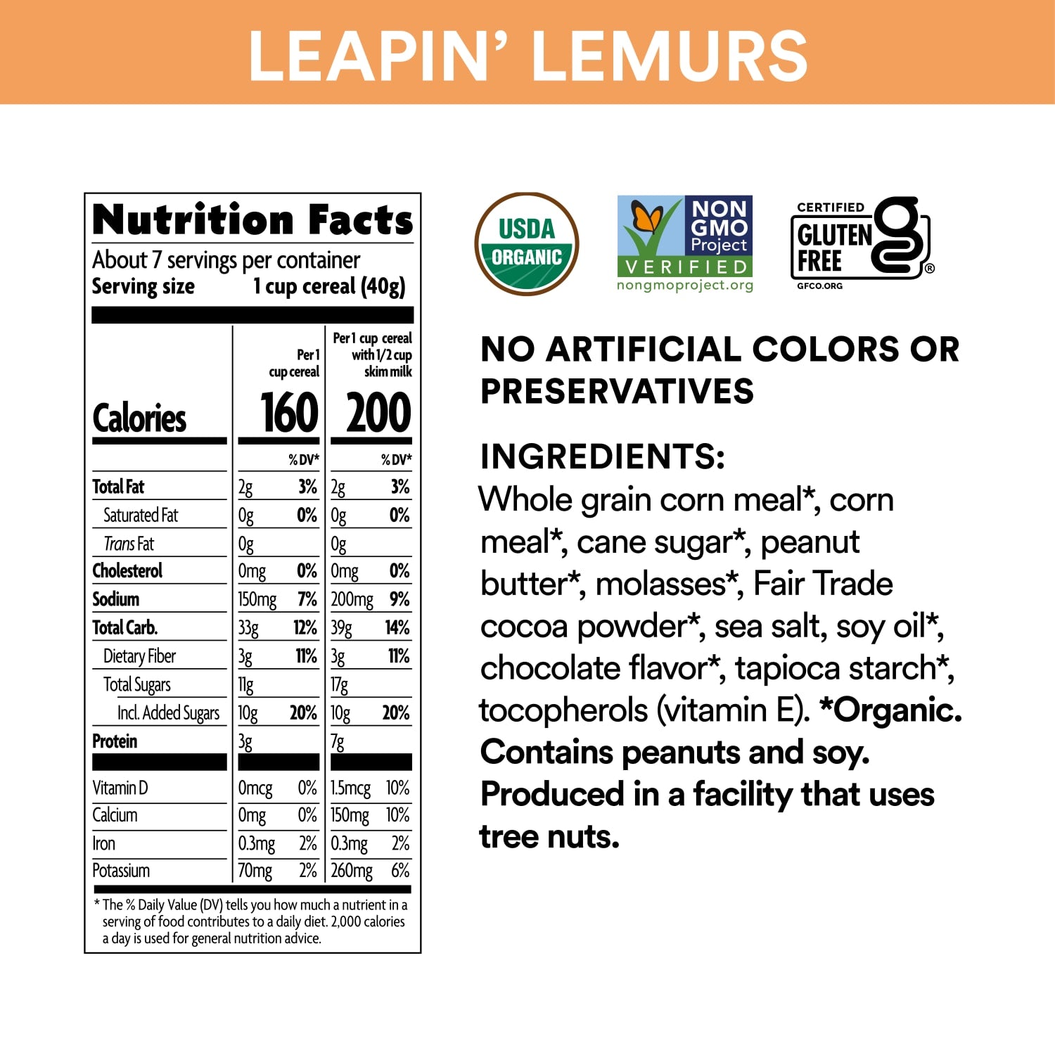 Nutrition facts per serving and ingredient statement for Peanut Butter & Chocolate Leapin' Lemurs Cereal