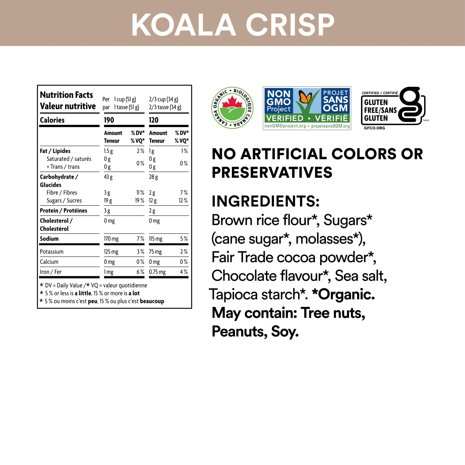 Nutrition facts per serving and ingredient statement for Chocolate Koala Crisp Cereal