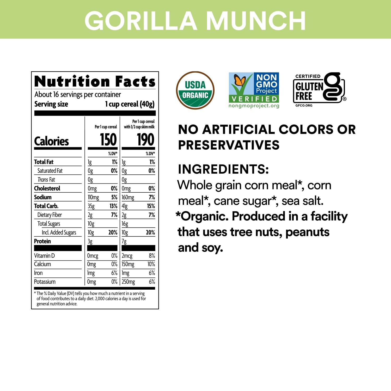 Nutrition facts per serving and ingredient statement for Corn Puffs Gorilla Munch Cereal