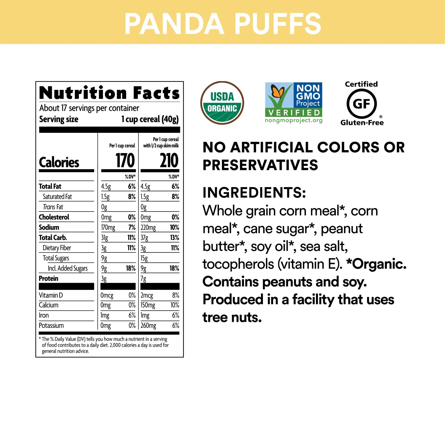 Nutrition facts per serving and ingredient statement for Peanut Butter Panda Puffs Cereal