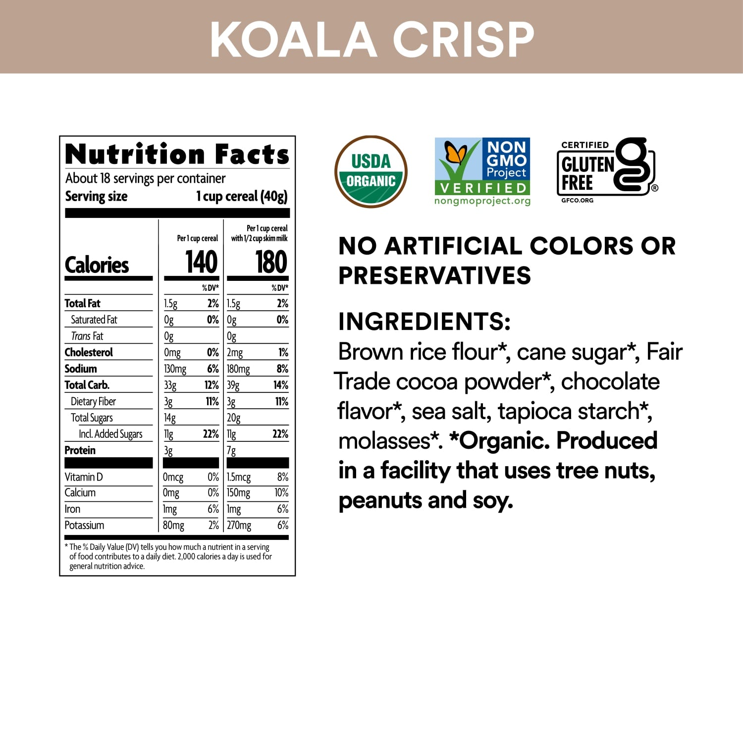 Nutrition facts per serving and ingredient statement for Chocolate Koala Crisp Cereal