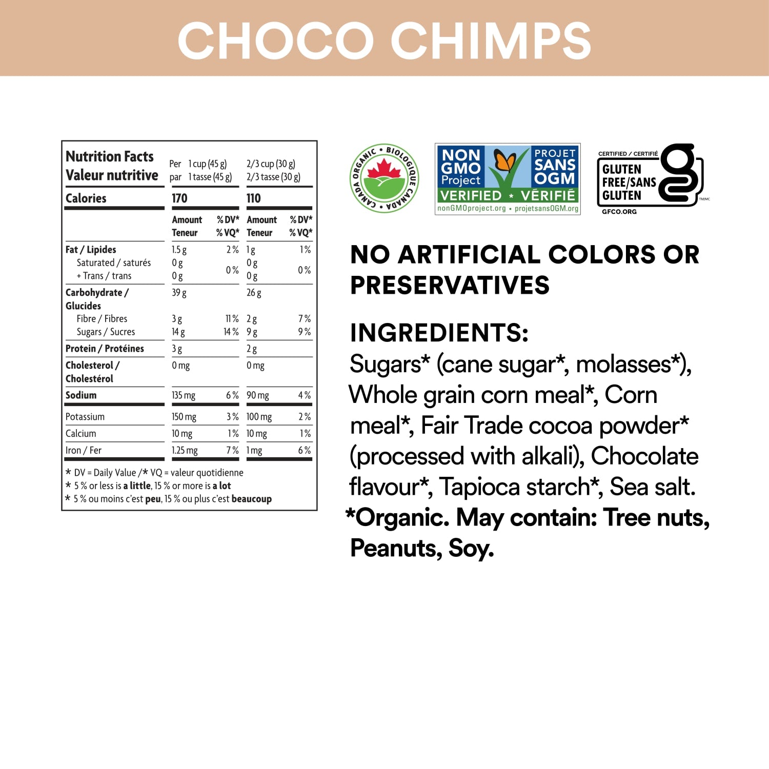 Nutrition facts per serving and ingredient statement for Chocolate Choco Chimps Cereal