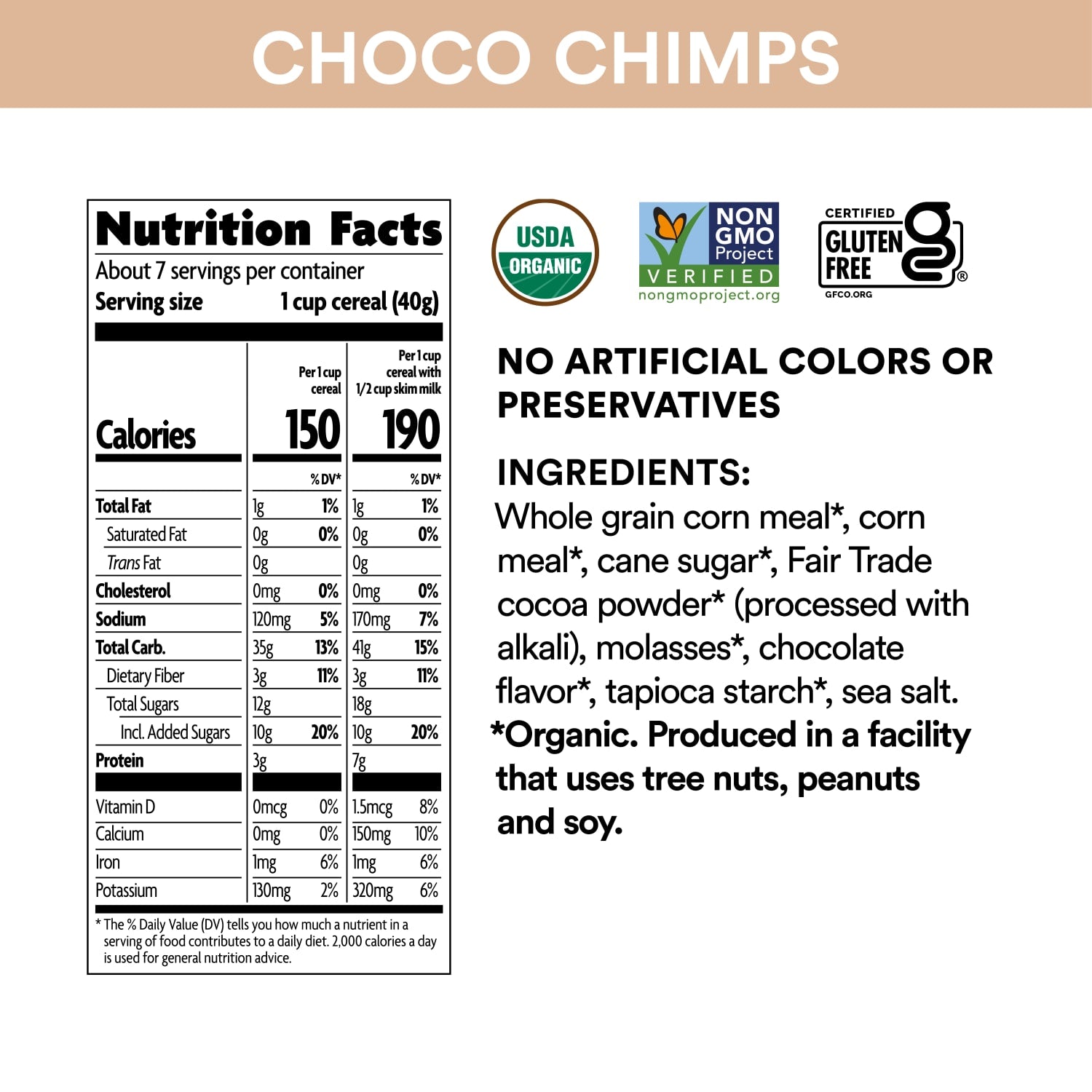 Nutrition facts per serving and ingredient statement for Chocolate Choco Chimps Cereal