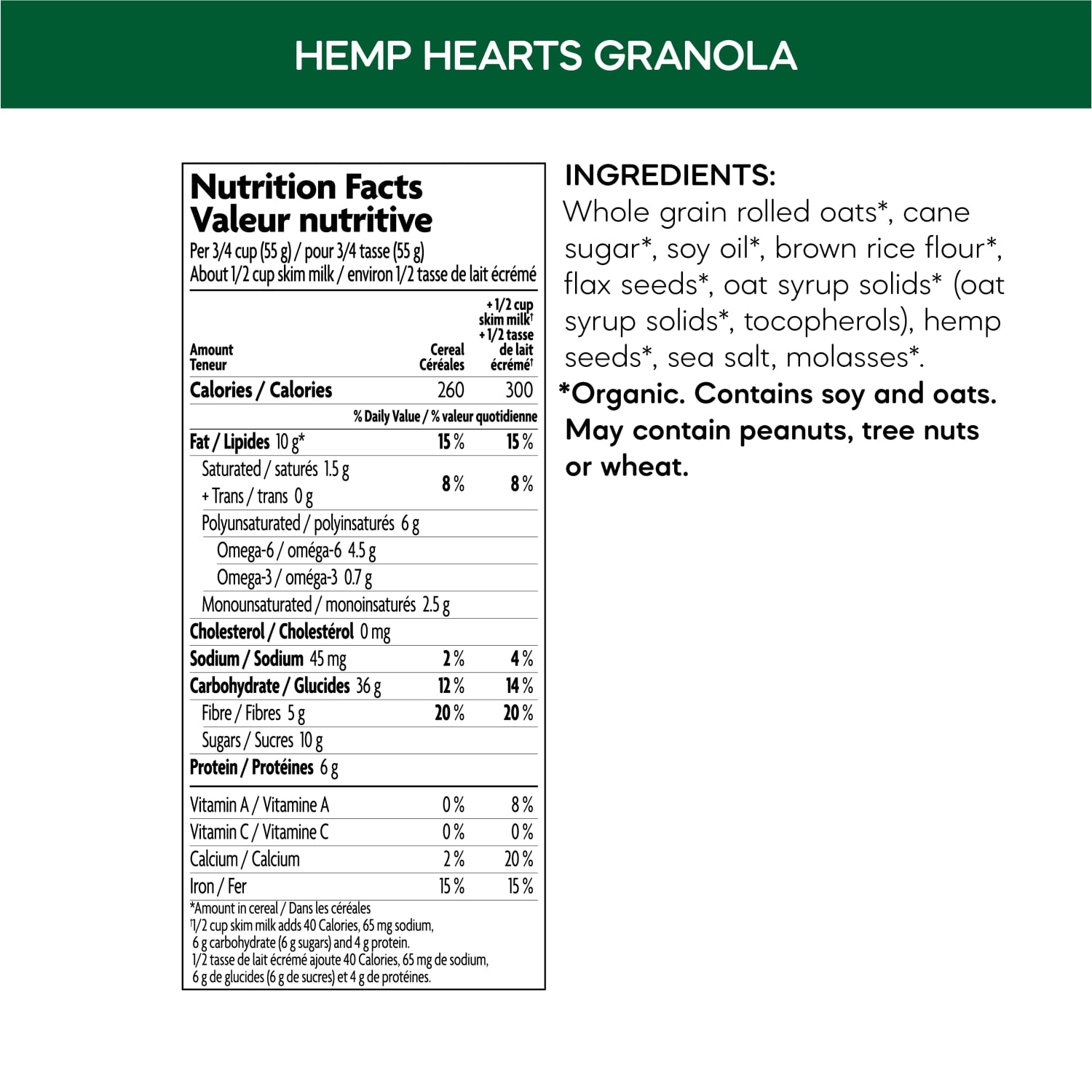 Nutrition facts per serving and ingredient statement for Hemp Hearts Granola