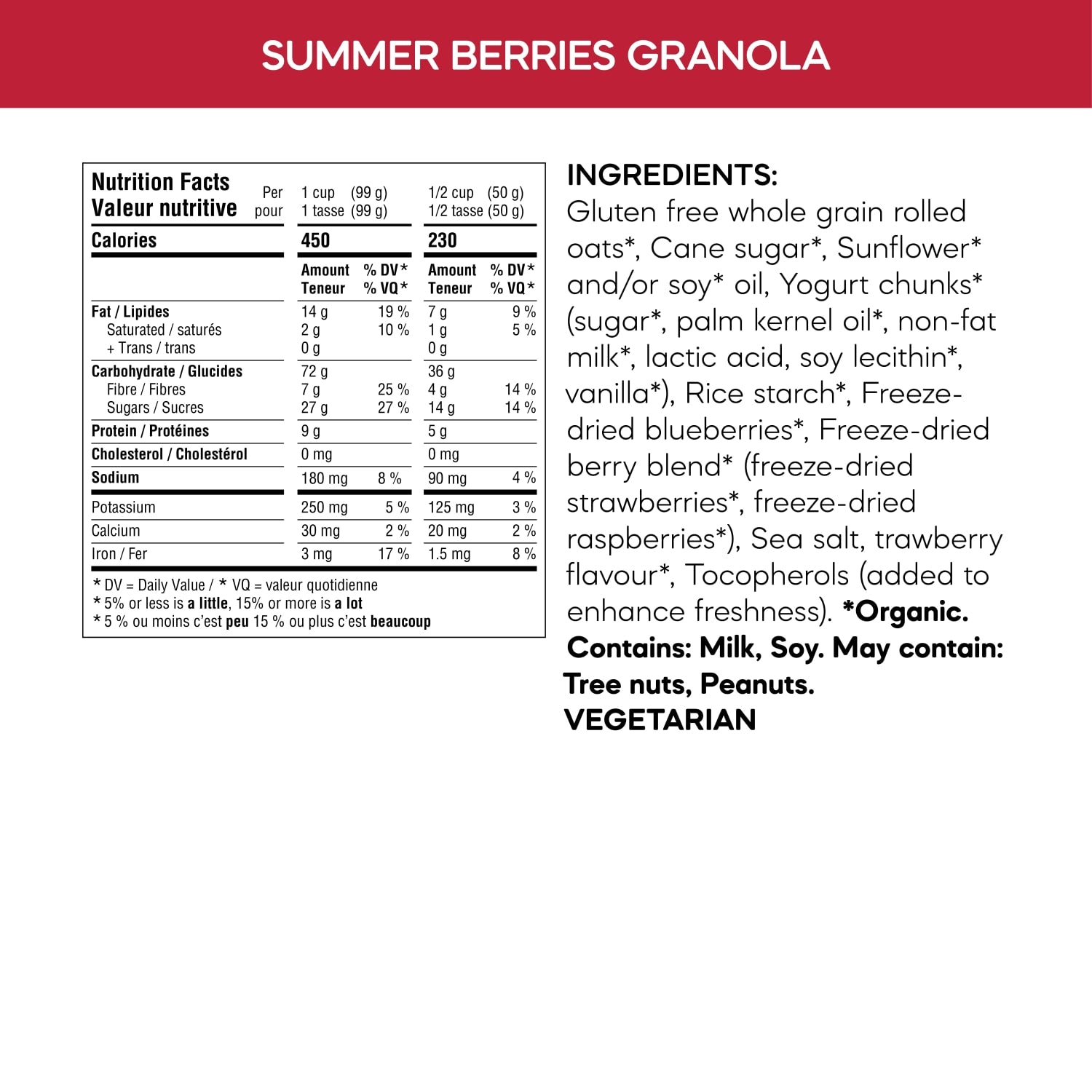 Nutrition facts per serving and ingredient statement for Summer Berries Granola