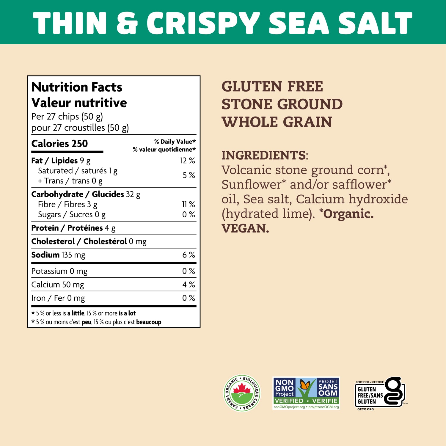 Nutrition facts per serving and ingredient statement for Thin & Crispy Sea Salt Tortilla Chips