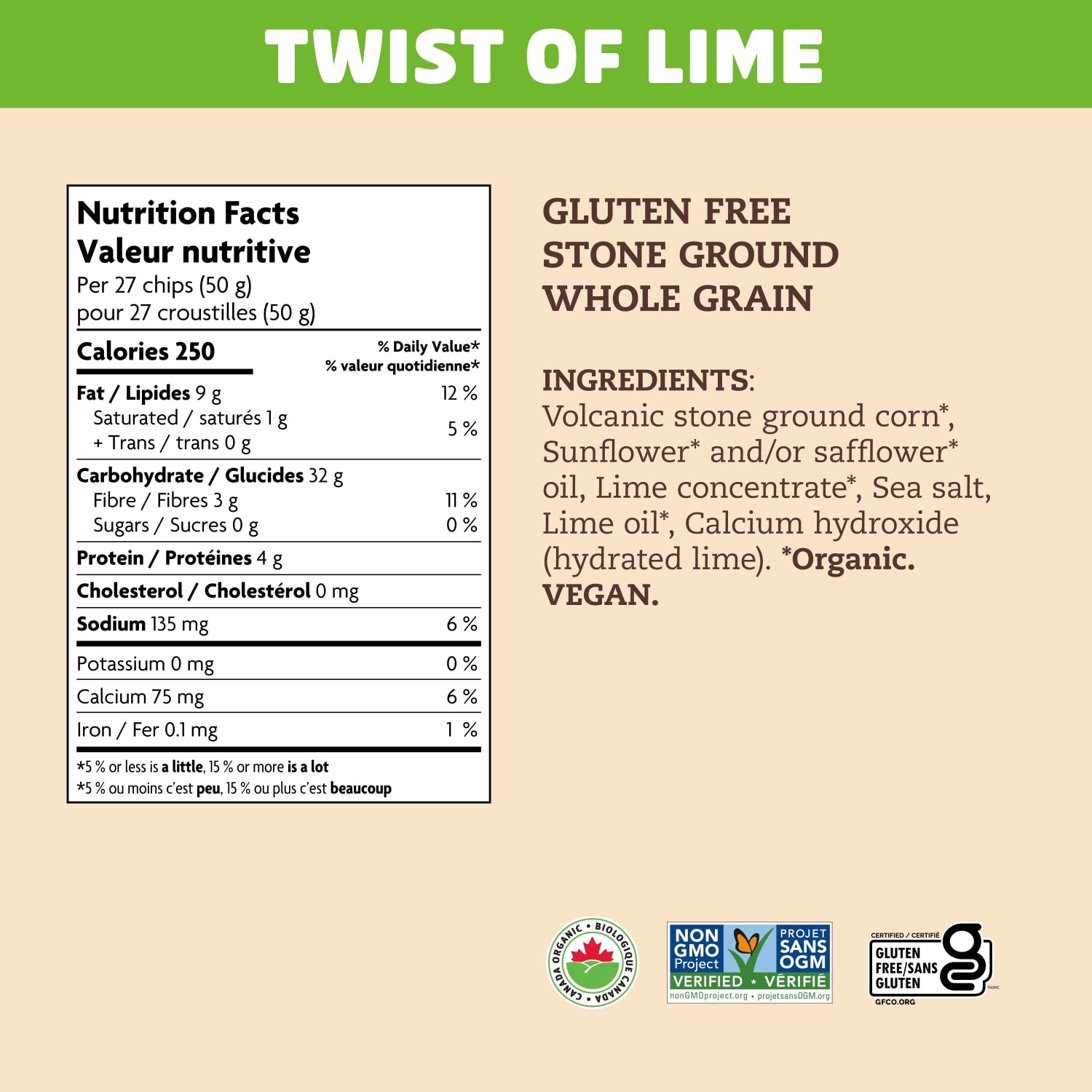 Nutrition facts per serving and ingredient statement for Thin & Crispy Twist of Lime Tortilla Chips