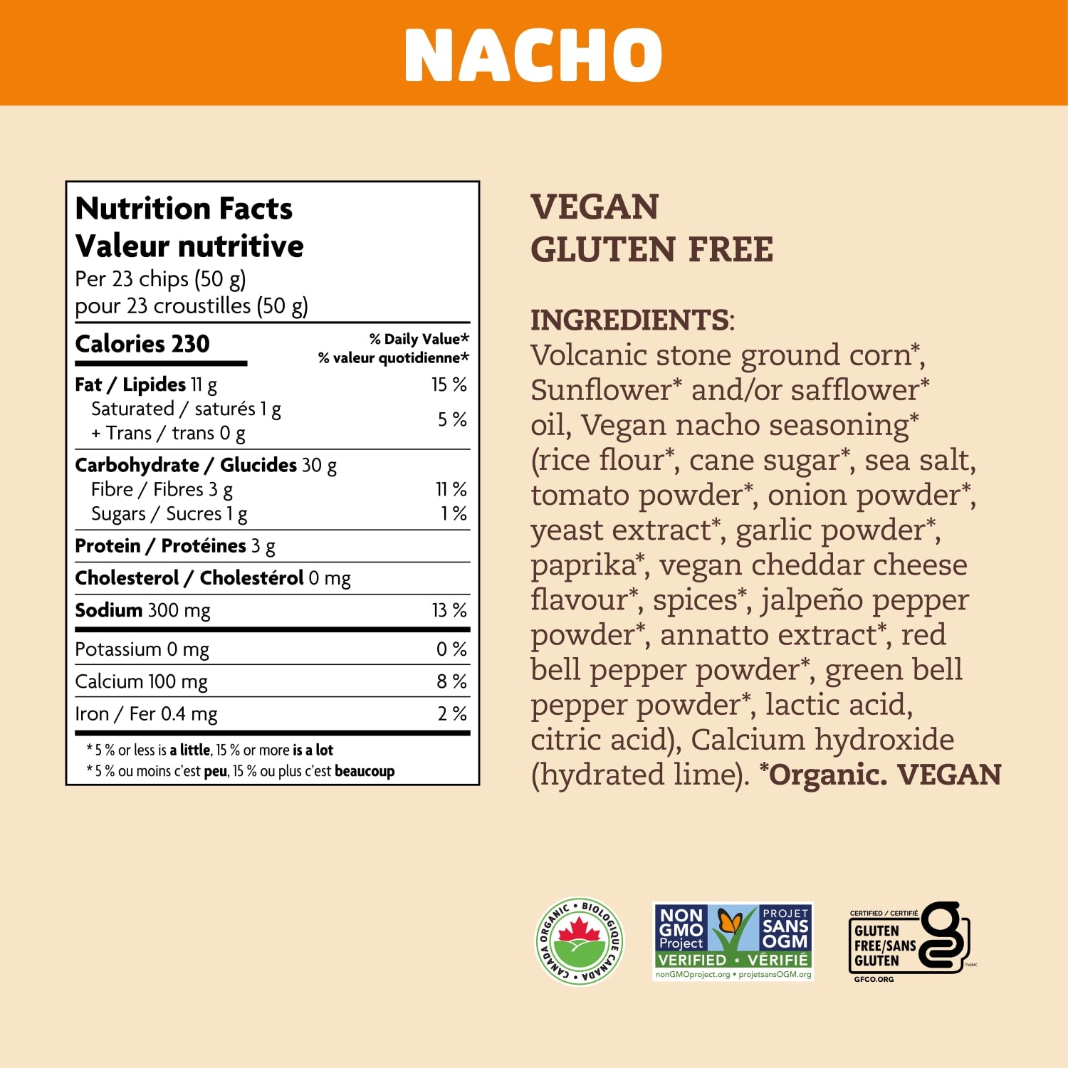 Nutrition facts per serving and ingredient statement for Nacho Grain Free Tortilla Chips