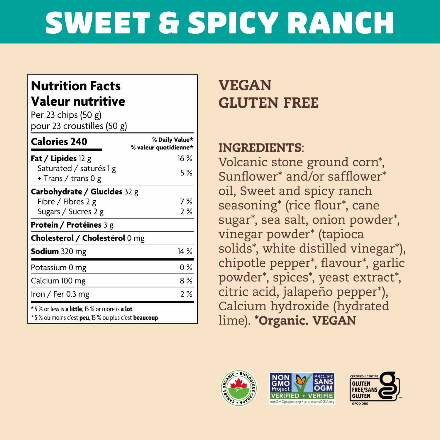 Nutrition facts per serving and ingredient statement for Sweet & Spicy Ranch Tortilla Chips