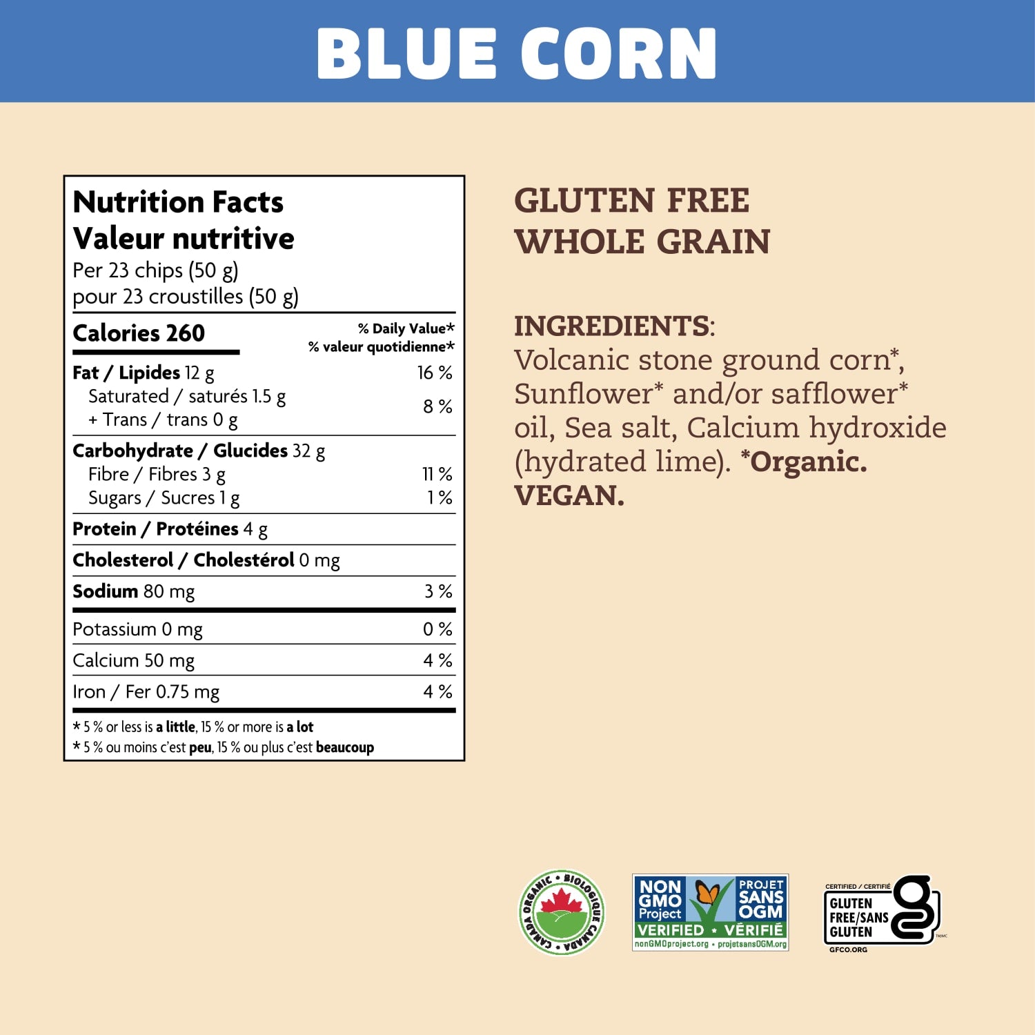 Nutrition facts per serving and ingredient statement for Blue Corn Tortilla Chips