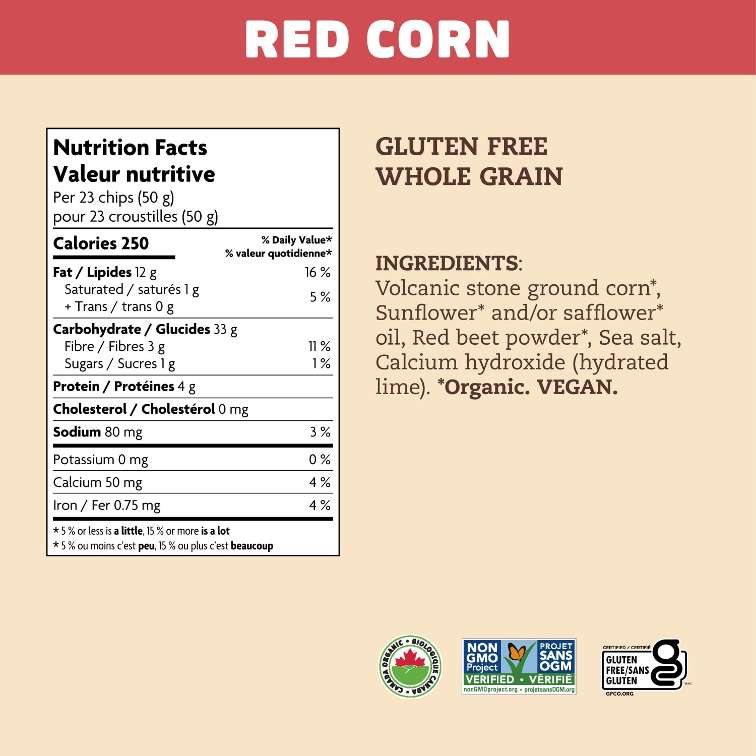 Nutrition facts per serving and ingredient statement for Red Corn Tortilla Chips