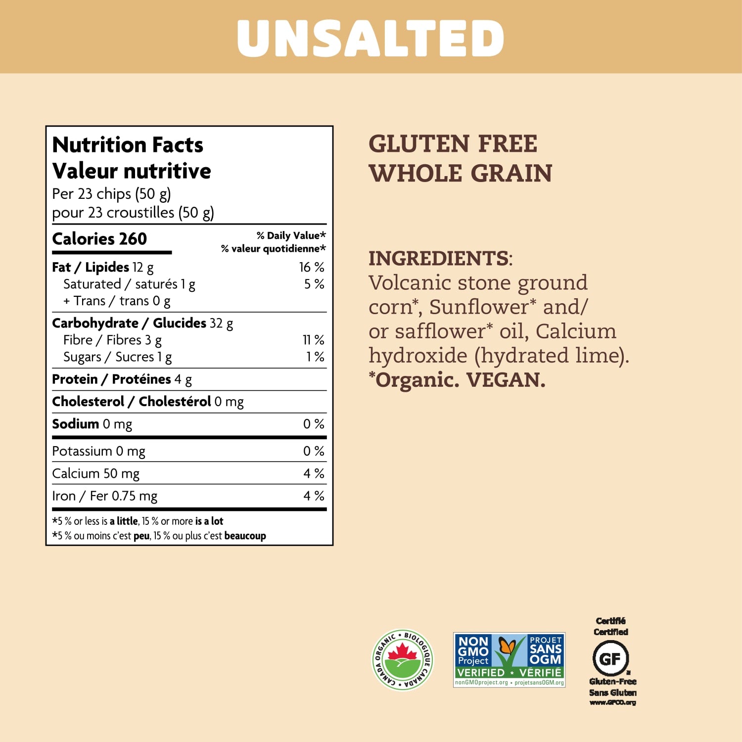 Nutrition facts per serving and ingredient statement for Unsalted Tortilla Chips