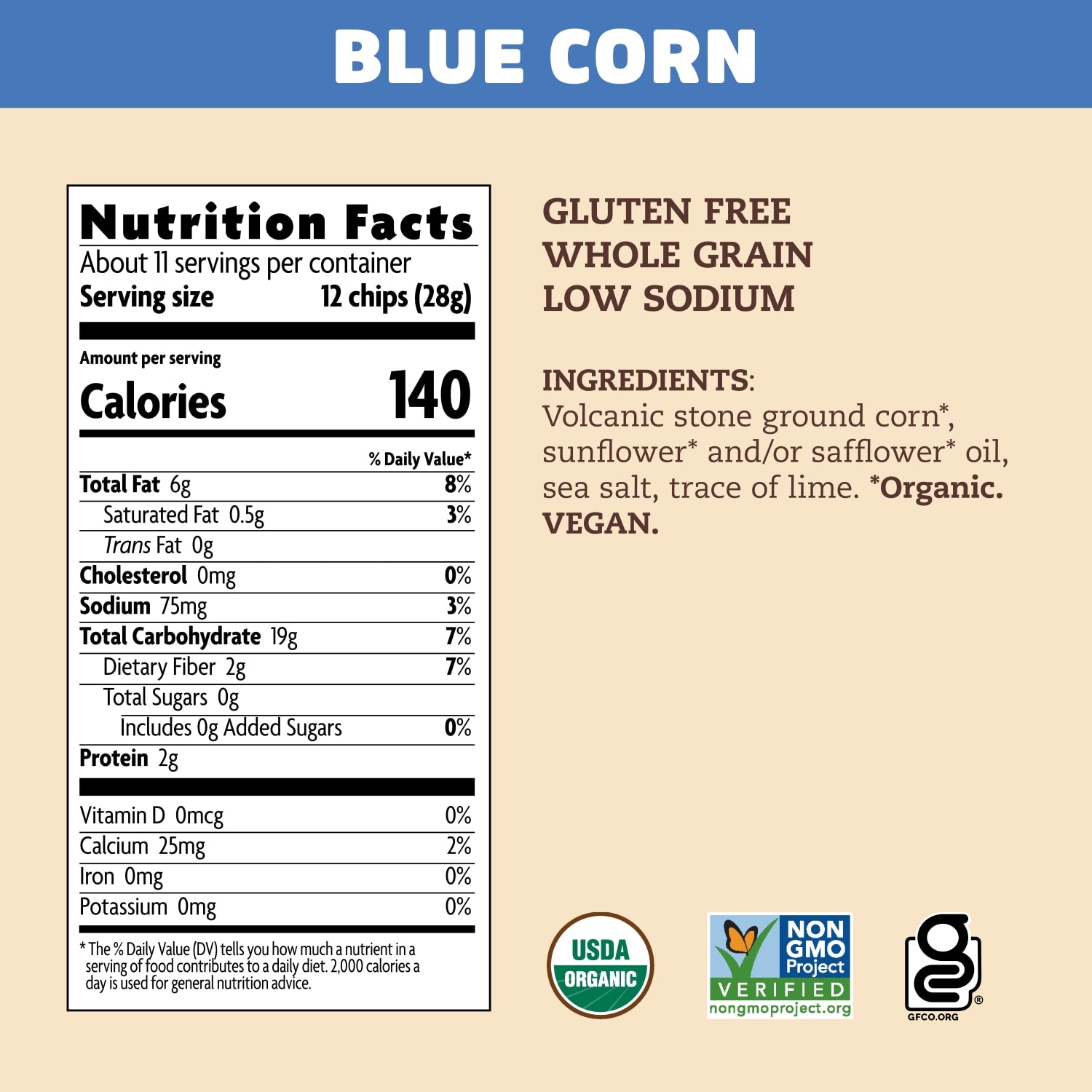 Nutrition facts per serving and ingredient statement for Blue Corn Tortilla Chips