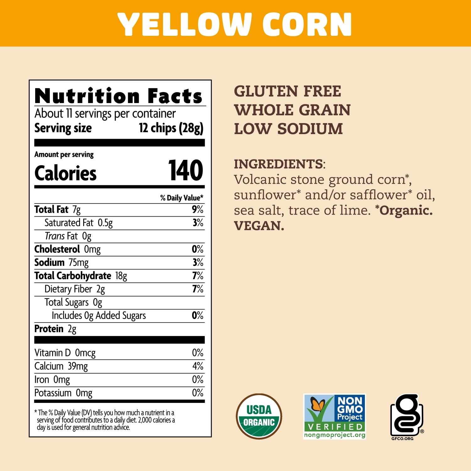 Nutrition facts per serving and ingredient statement for Yellow Corn Tortilla Chips