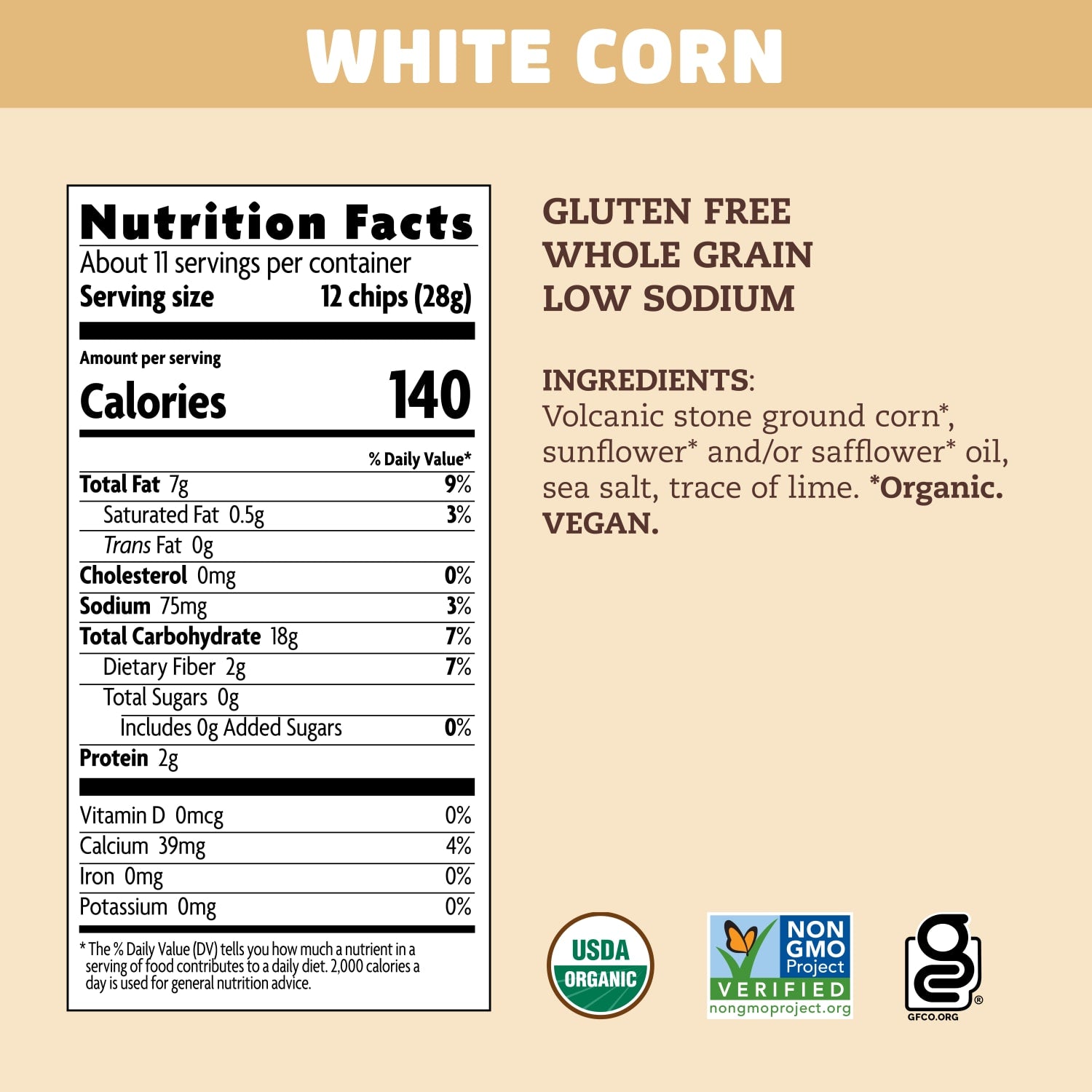 Nutrition facts per serving and ingredient statement for White Corn Tortilla Chips