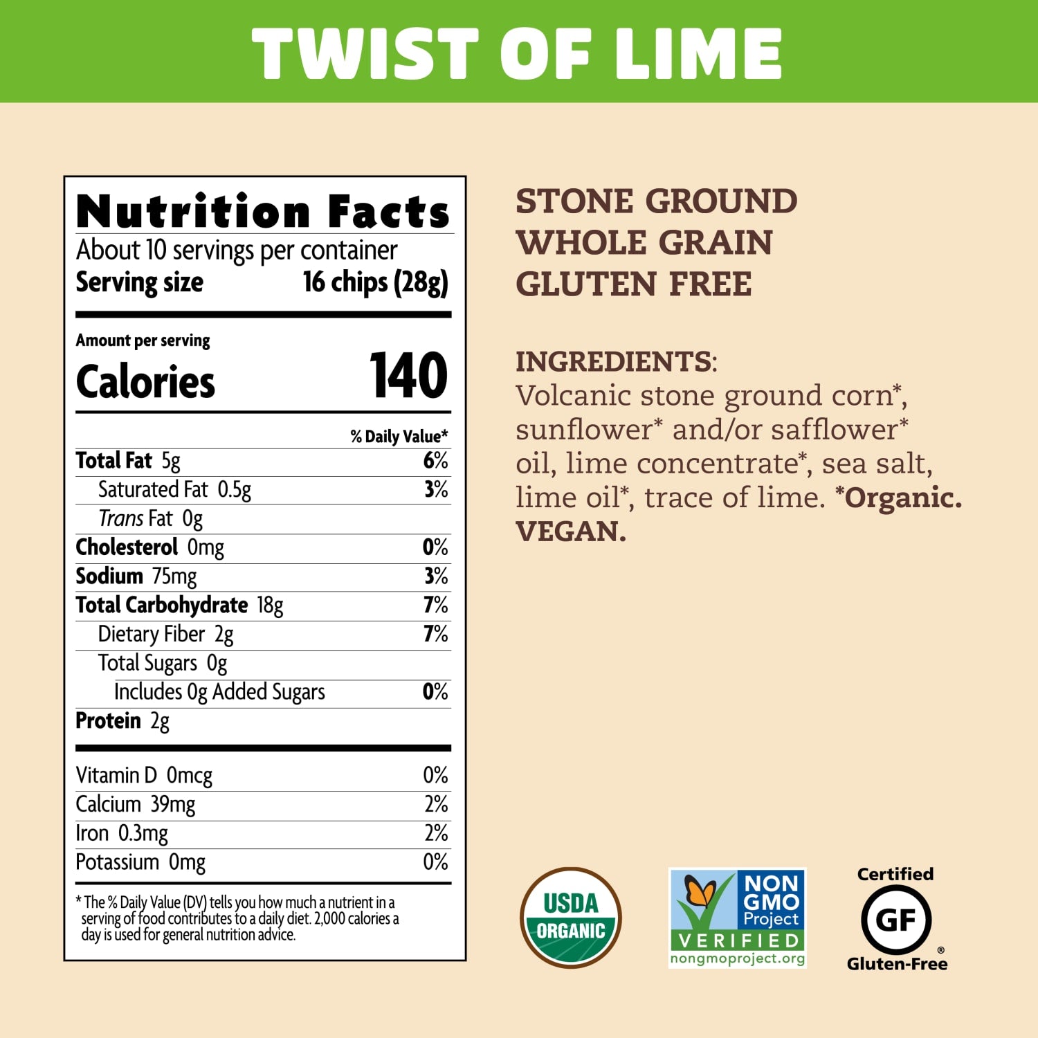 Nutrition facts per serving and ingredient statement for Thin & Crispy Twist of Lime Tortilla Chips