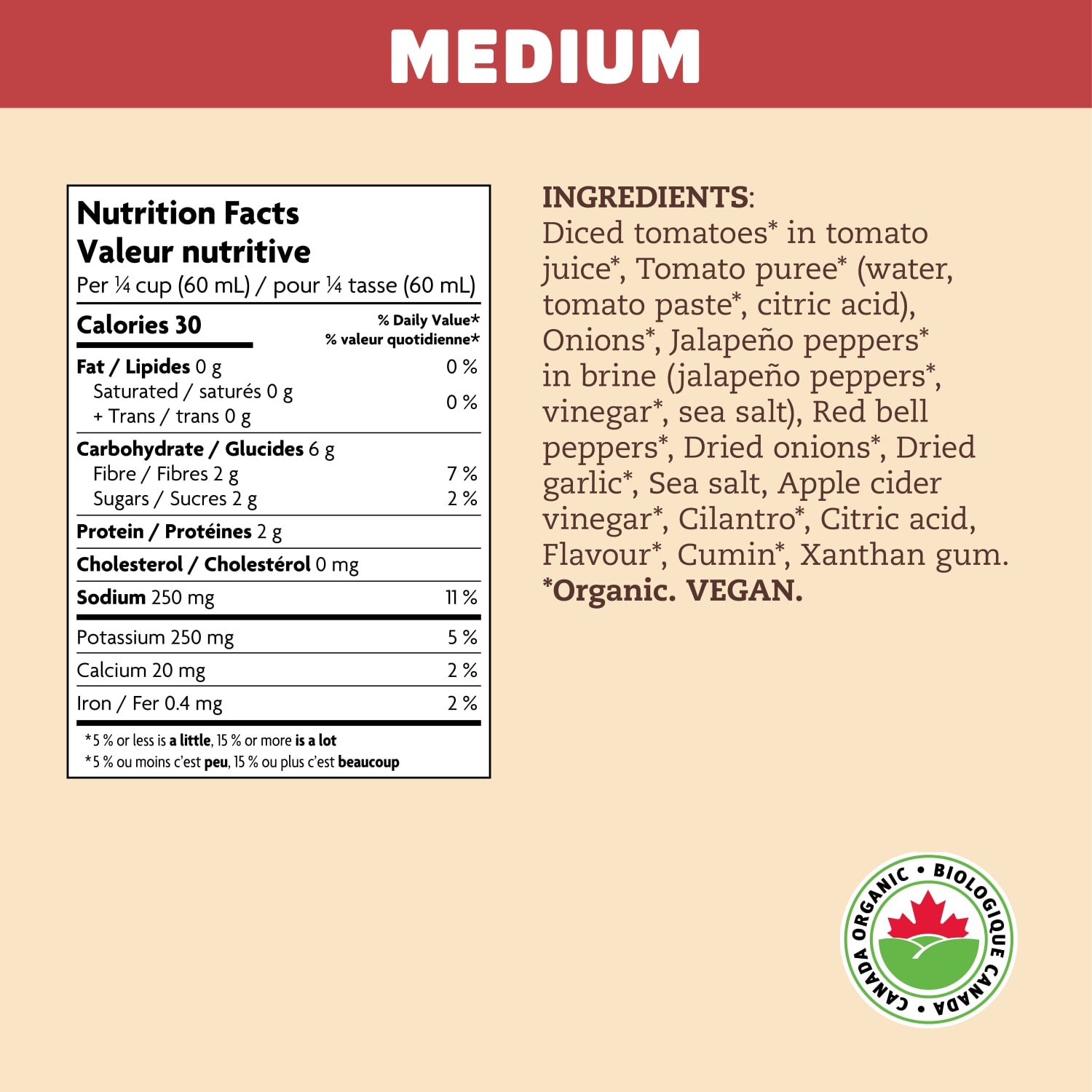 Nutrition facts per serving and ingredient statement for Mexicana Medium Salsa