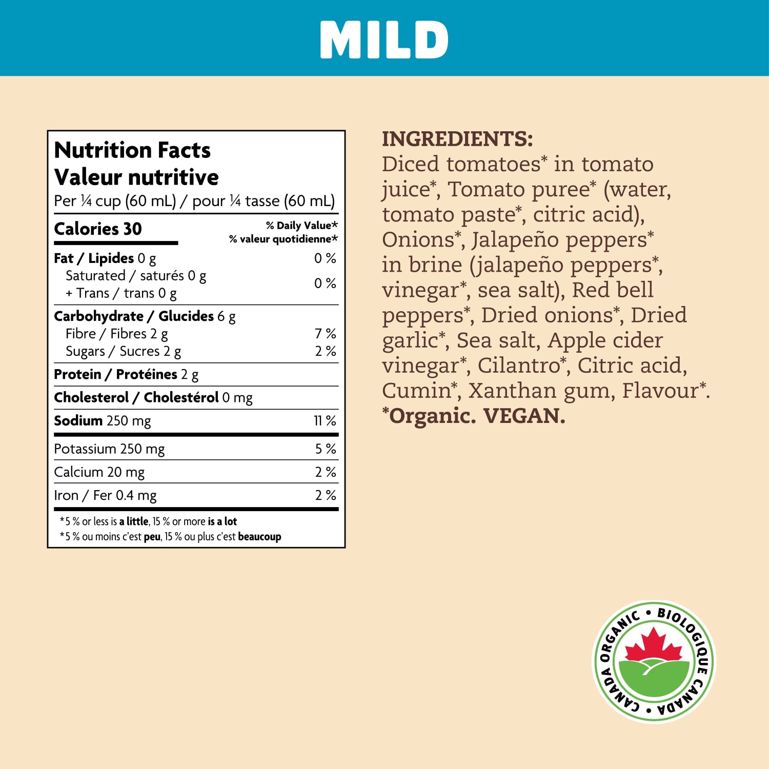 Nutrition facts per serving and ingredient statement for Mexicana Mild Salsa