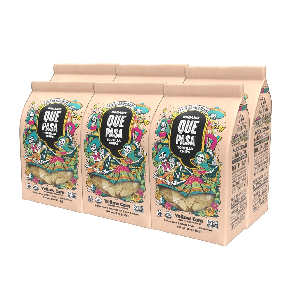 Pack of 12, Que Pasa Organic Day of the Dead Tortilla Chips 11oz Bag