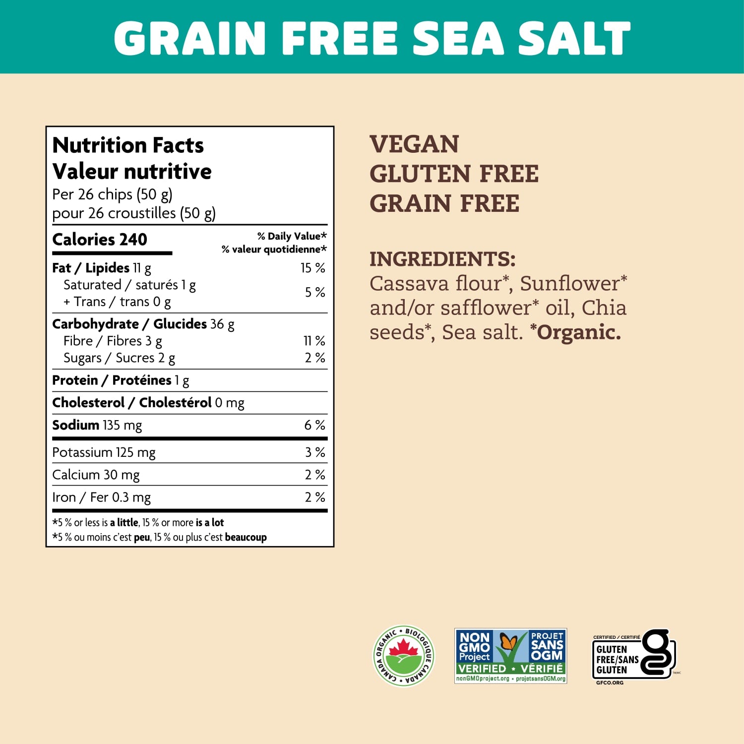 Nutrition facts per serving and ingredient statement for Grain Free Sea Salt Tortilla Chips