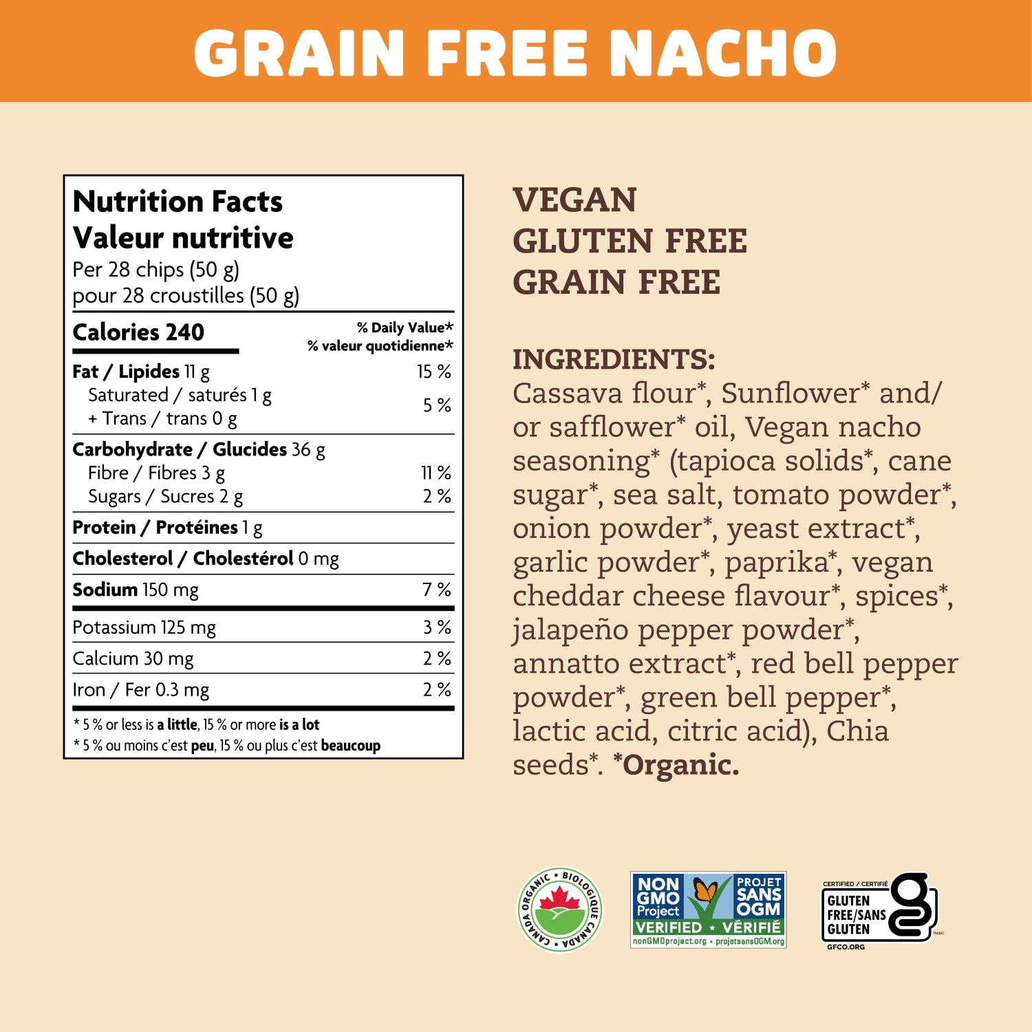 Nutrition facts per serving and ingredient statement for Grain Free Nacho Tortilla Chips