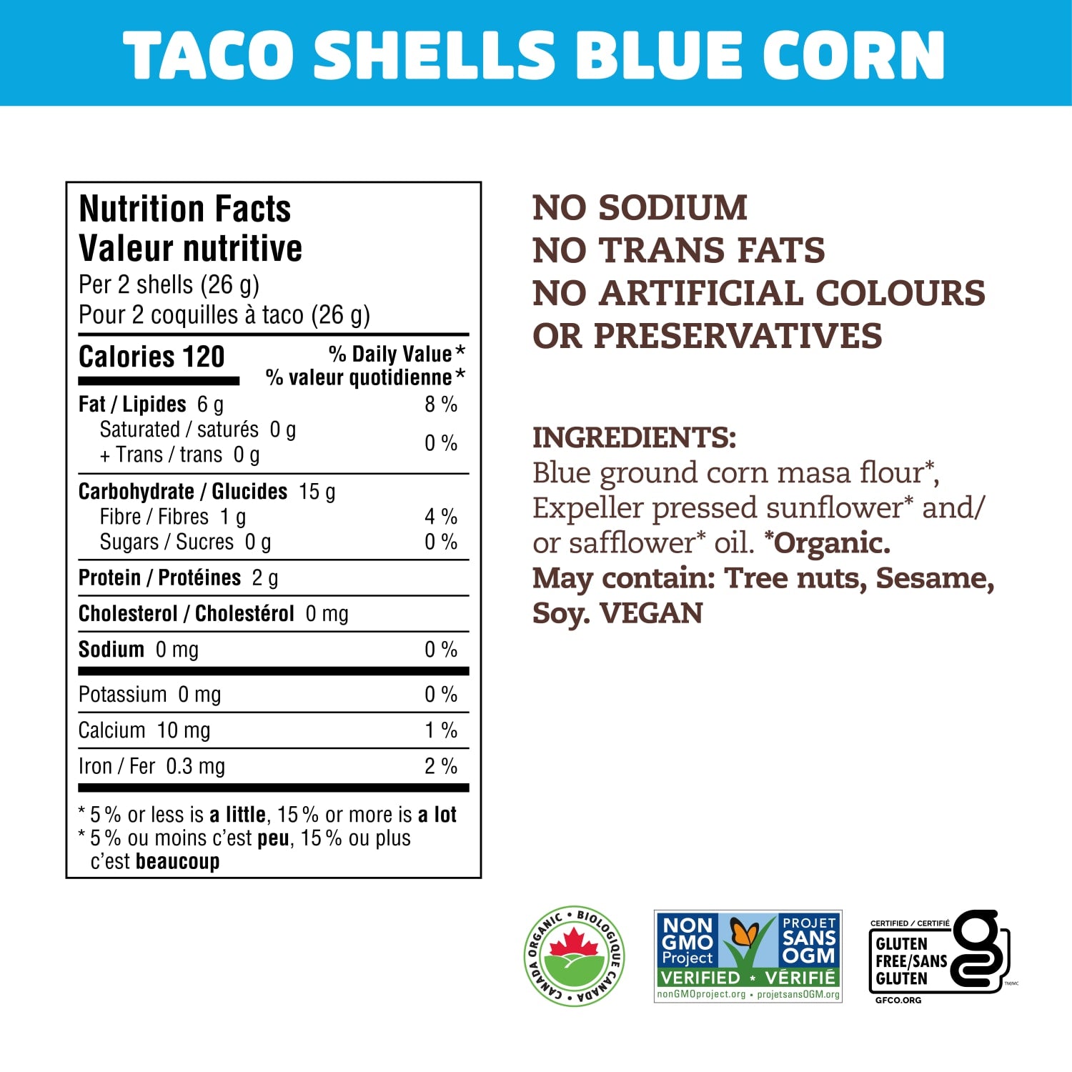 Nutrition facts per serving and ingredient statement for Blue Corn Taco Shells