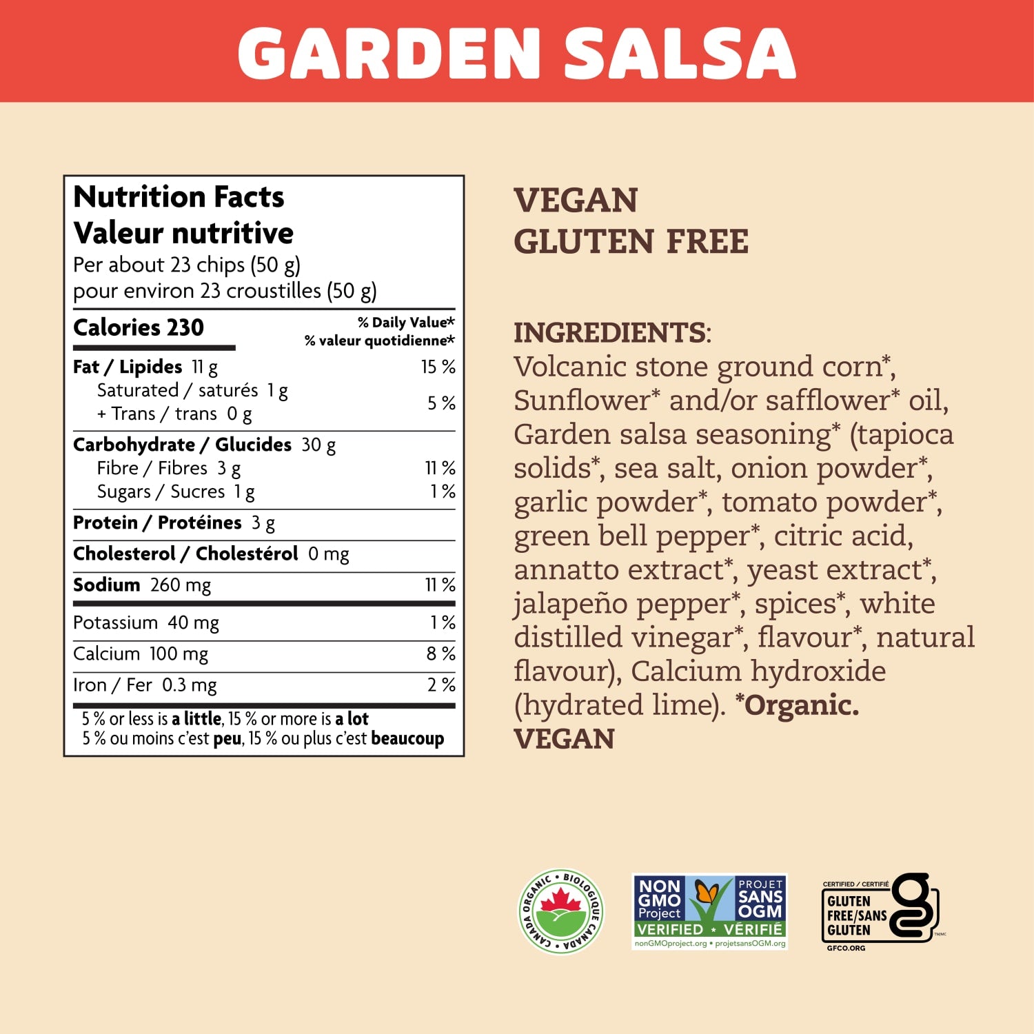 Nutrition facts per serving and ingredient statement for Garden Salsa Tortilla Chips