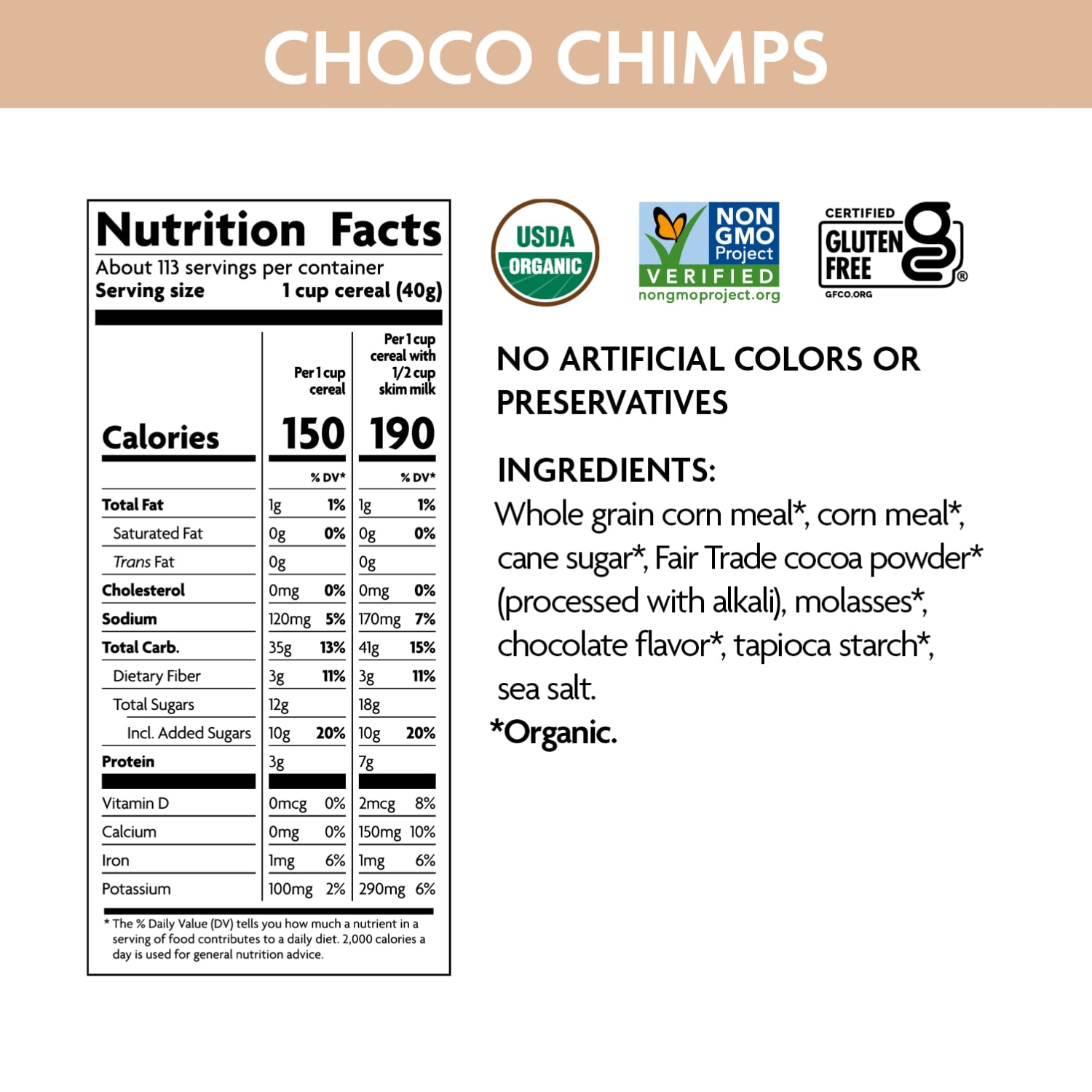 Nutrition facts per serving and ingredient statement for Chocolate Choco Chimps Cereal