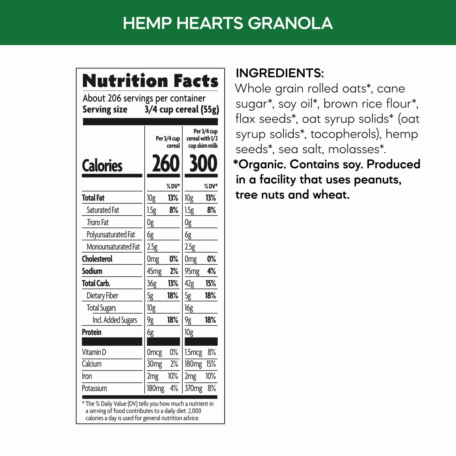 Nutrition facts per serving and ingredient statement for Hemp Hearts Granola