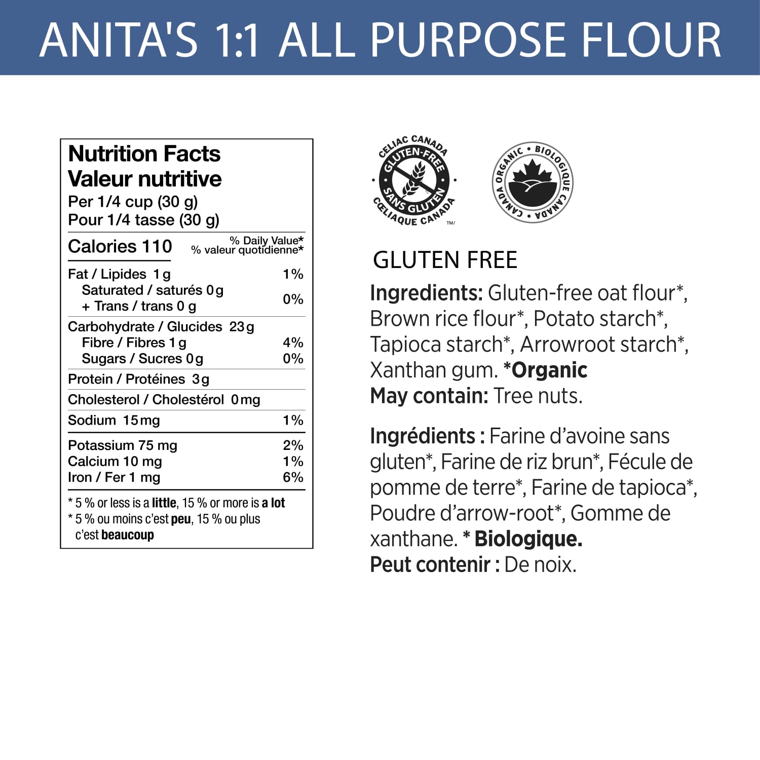 Nutrition facts per serving and ingredient statement for Gluten Free 1:1 Baking Flour