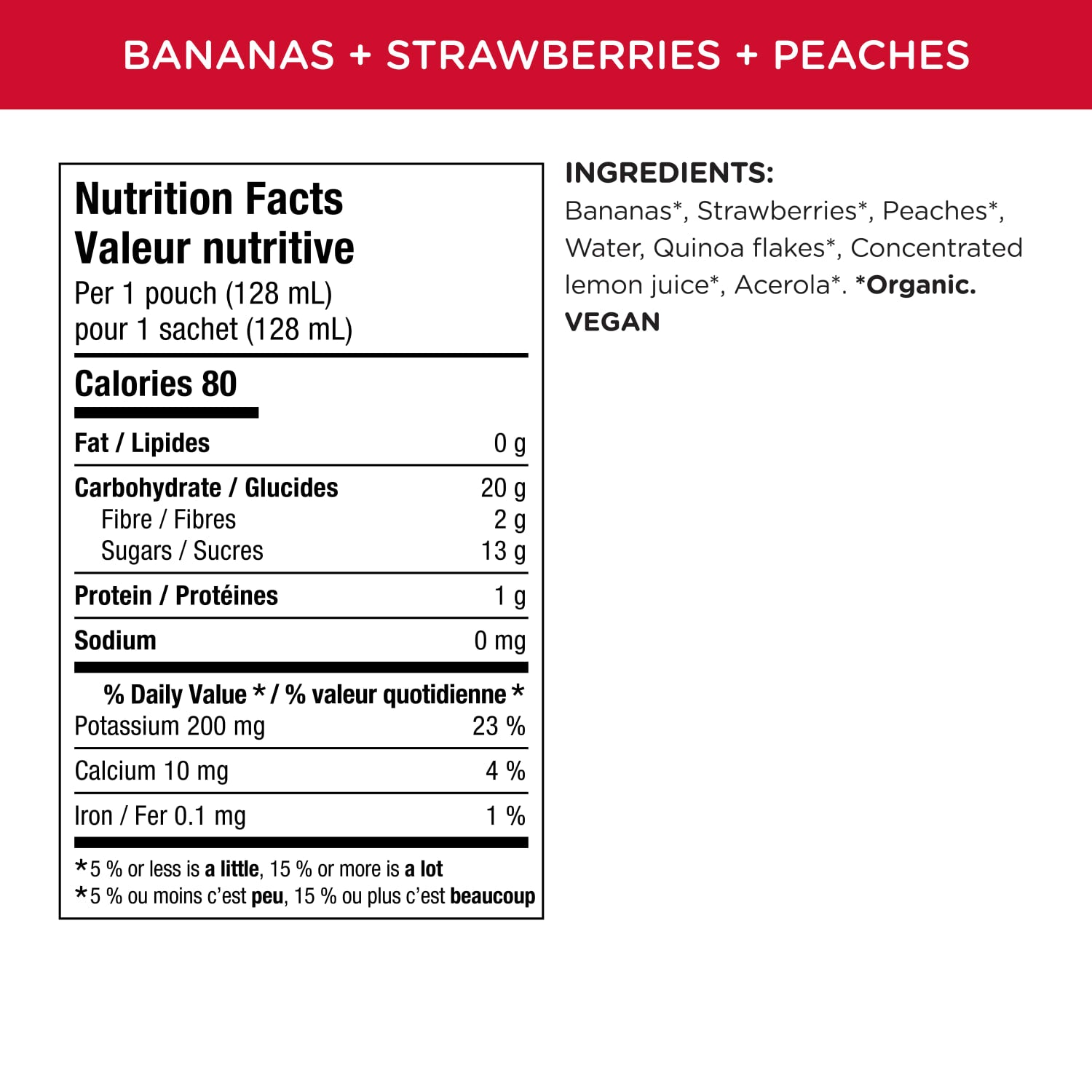 Nutrition facts per serving and ingredient statement for Superblends Bananas, Strawberries + Peaches Puree