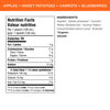 Nutrition facts per serving and ingredient statement for Superblends Apples, Sweet Potatoes, Carrots + Blueberries Puree
