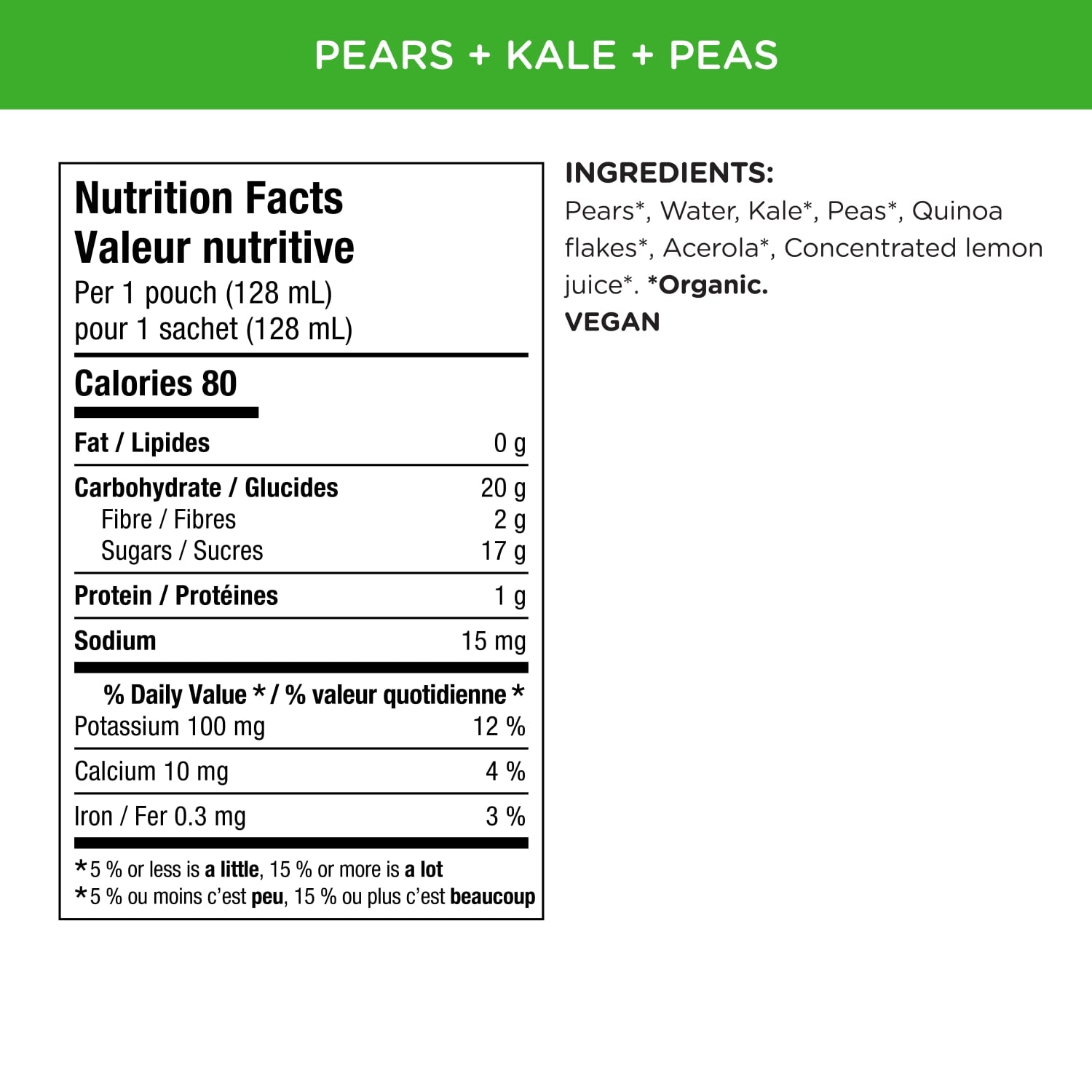 Nutrition facts per serving and ingredient statement for Superblends Pears, Kale + Peas Puree