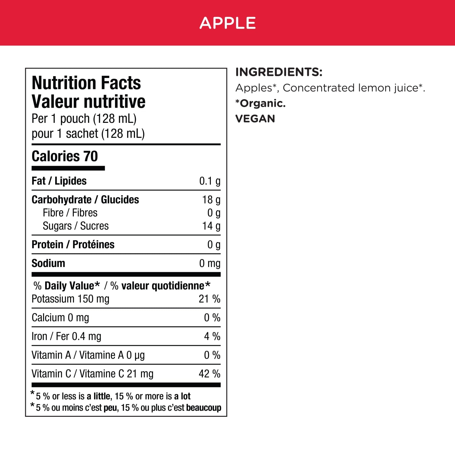 Nutrition facts per serving and ingredient statement for Simple Firsts Apples Puree