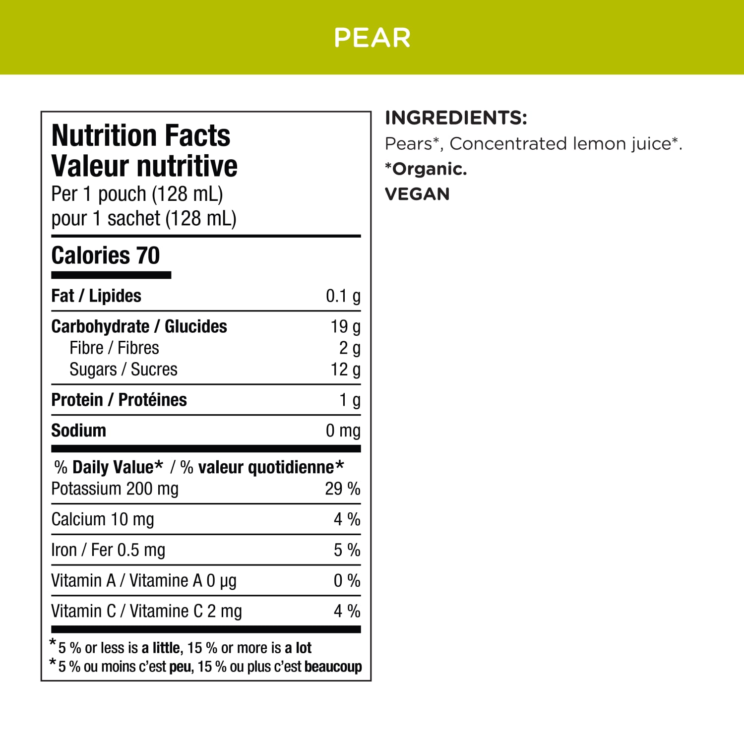 Nutrition facts per serving and ingredient statement for Simple Firsts Pears Puree