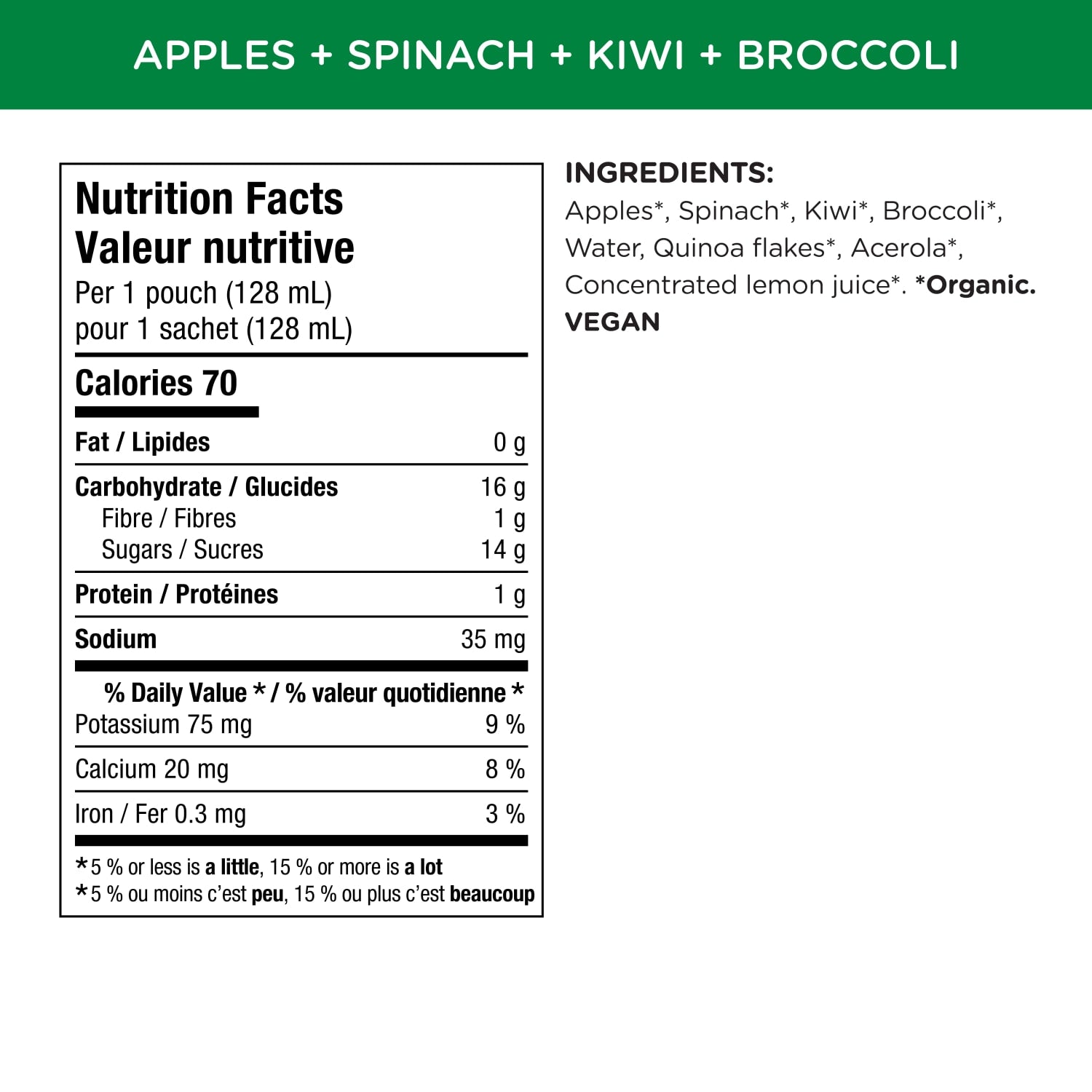 Nutrition facts per serving and ingredient statement for Superblends Apples, Spinach, Kiwi + Broccoli Puree