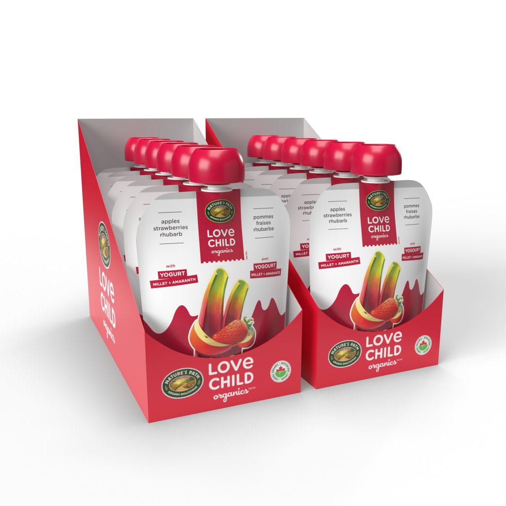 Pack of 12, Love Child Organics Power Yo'rridge Apples, Strawberries + Rhubarb Puree 128ml Pouch