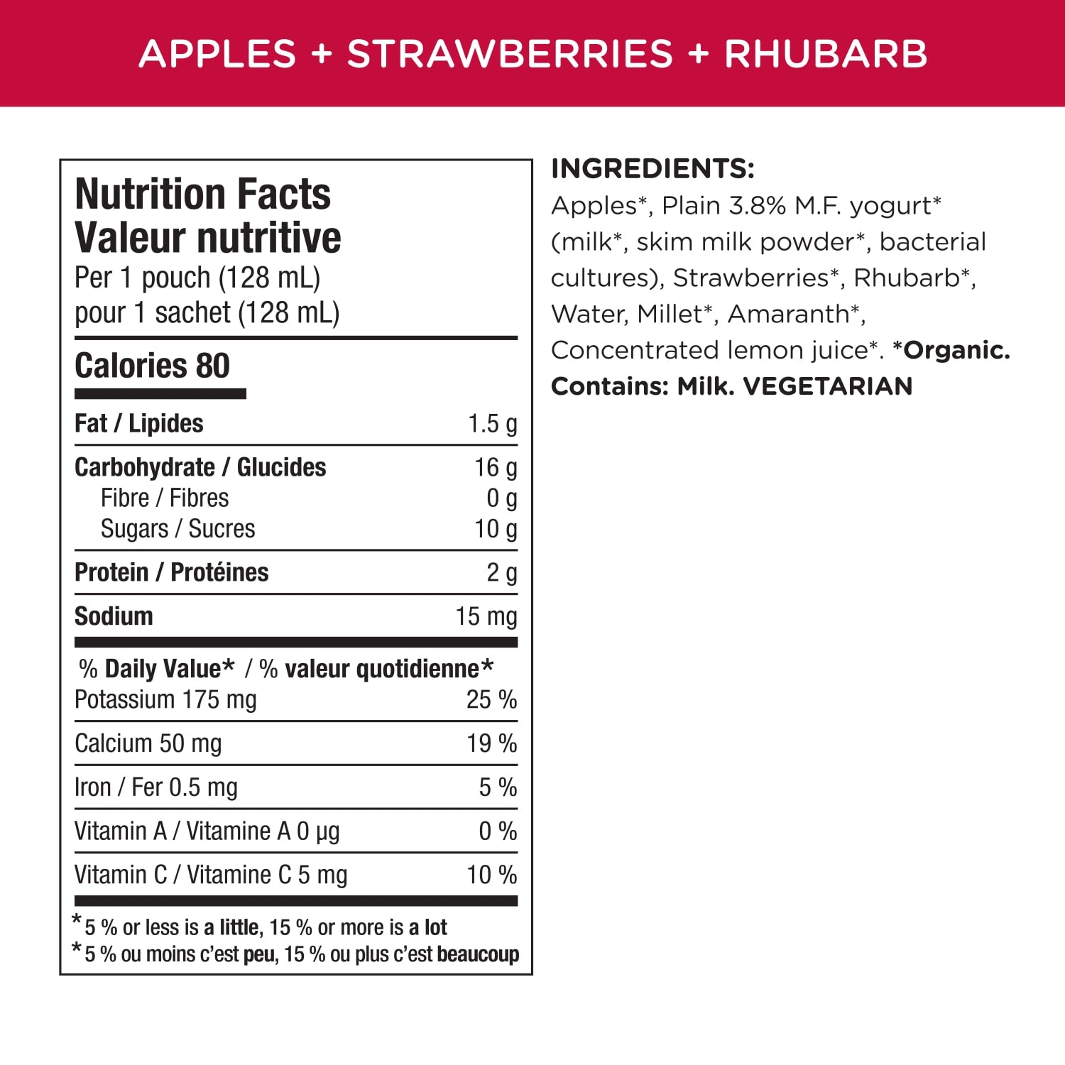 Nutrition facts per serving and ingredient statement for Power Yo'rridge Apples, Strawberries + Rhubarb Puree