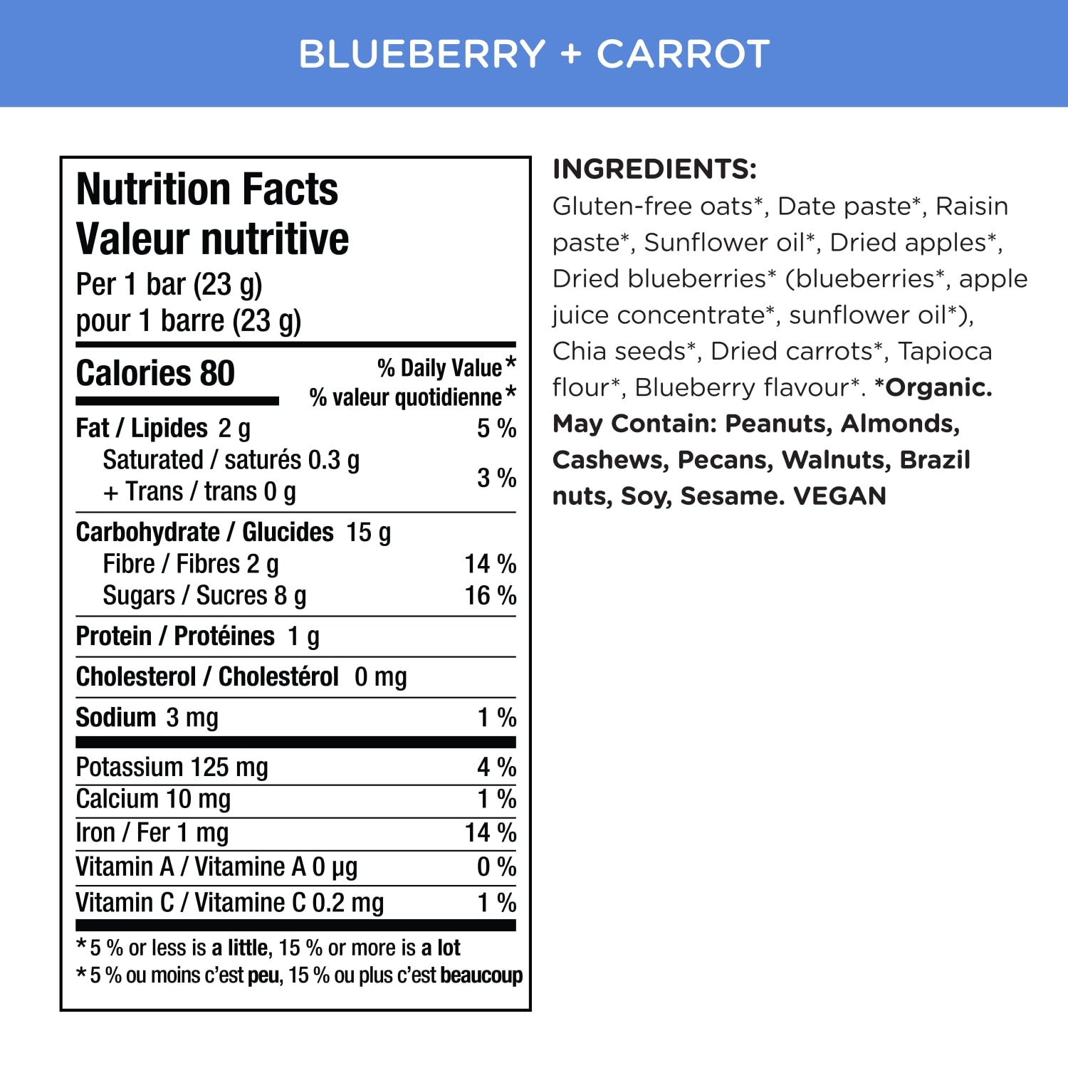 Nutrition facts per serving and ingredient statement for Oaty Chomps Blueberry + Carrot Snack Bar