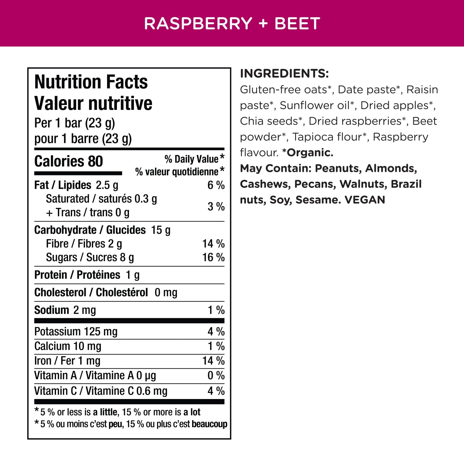 Nutrition facts per serving and ingredient statement for Oaty Chomps Raspberry + Beet Snack Bar