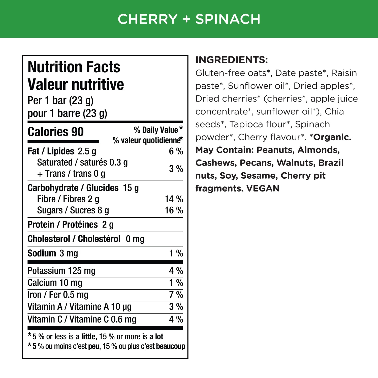 Nutrition facts per serving and ingredient statement for Oaty Chomps Cherry + Spinach Snack Bar