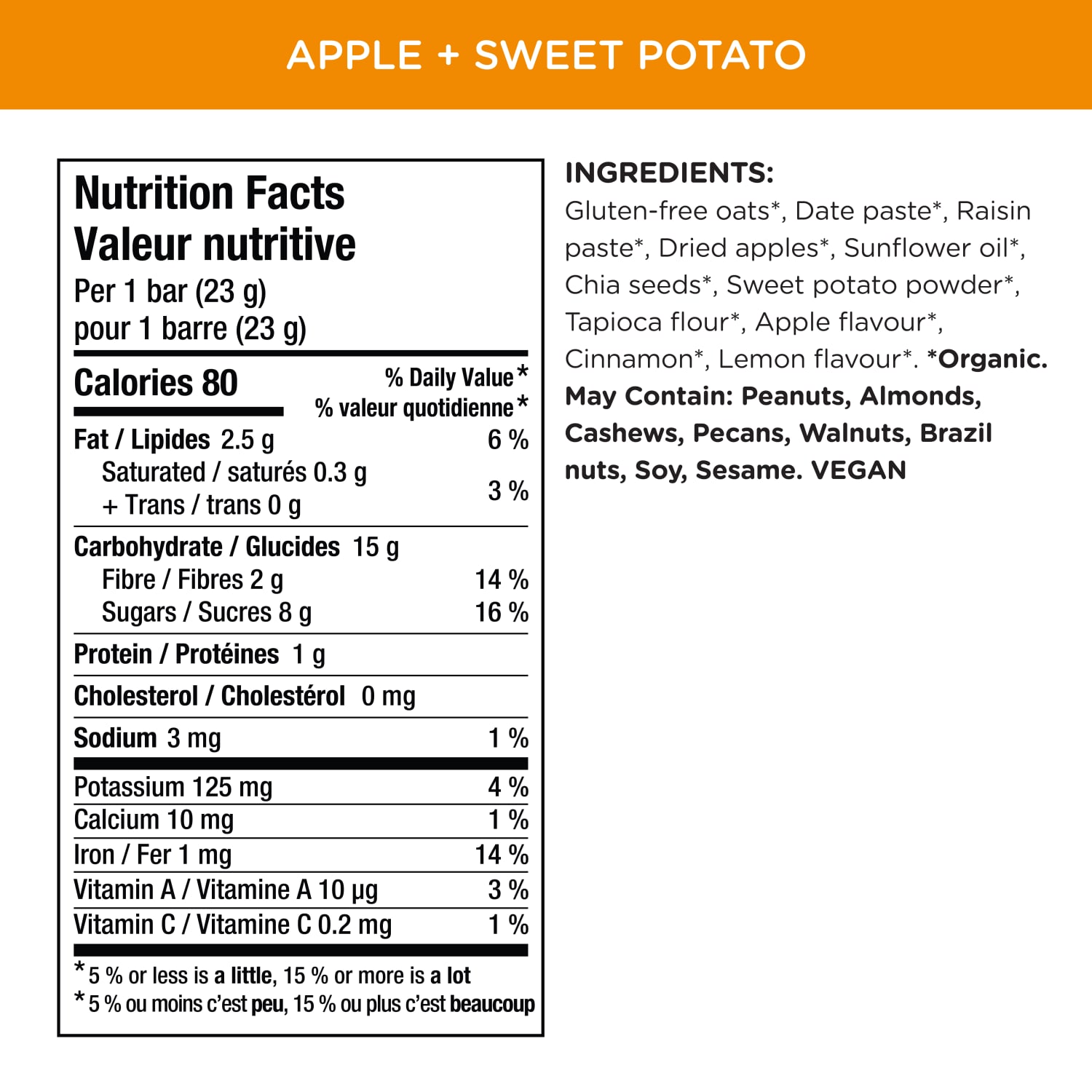 Nutrition facts per serving and ingredient statement for Oaty Chomps Apple + Sweet Potato Snack Bar