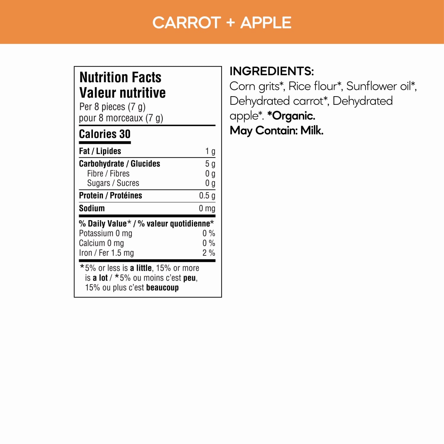 Nutrition facts per serving and ingredient statement for Love Ducks Carrot + Apple Corn Snacks