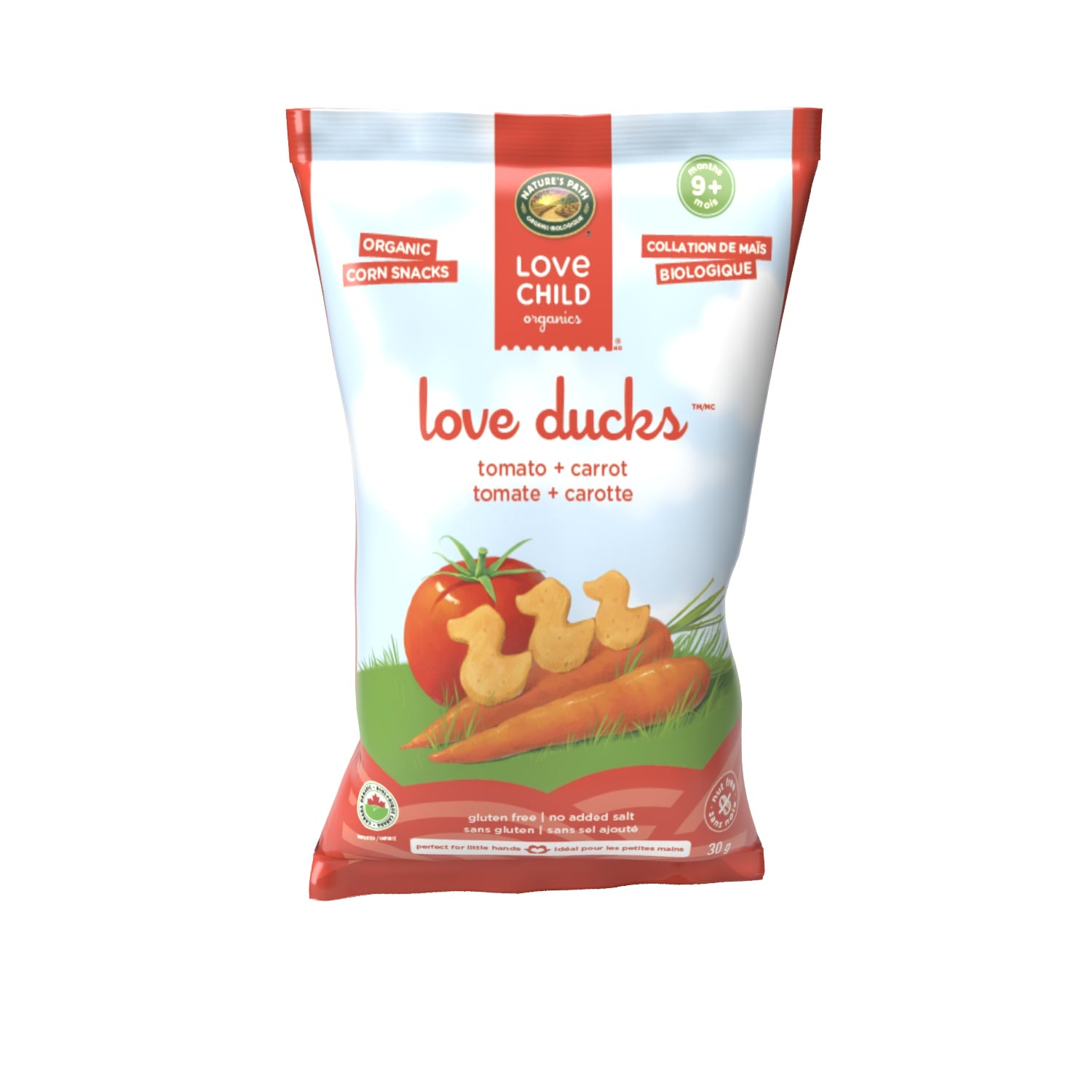 Love Child Organics Love Ducks Tomato + Carrot Corn Snacks 30g Bag